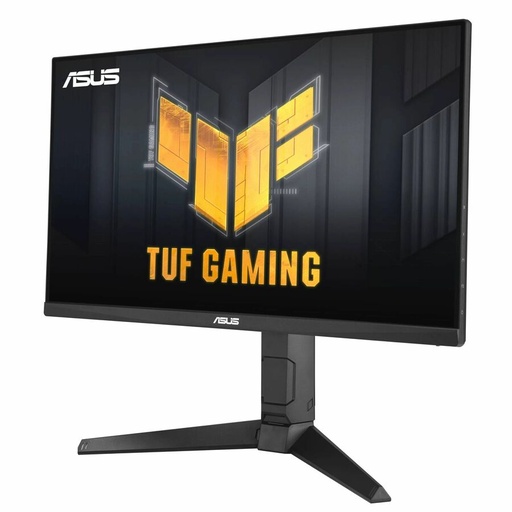 A black computer monitor displays a black and yellow gaming logo, standing on an angular tripod base. It is viewed from a slight angle against a plain white background.