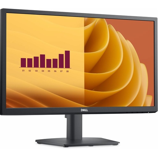 A black computer monitor stands on a dark gray base, displaying a split screen with a bar chart on the left and abstract yellow-orange swirls on the right, against a white background.