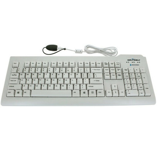 A light gray computer keyboard with a full QWERTY layout is shown from above, connected to a coiled white cable with a black USB connector, against a white background.