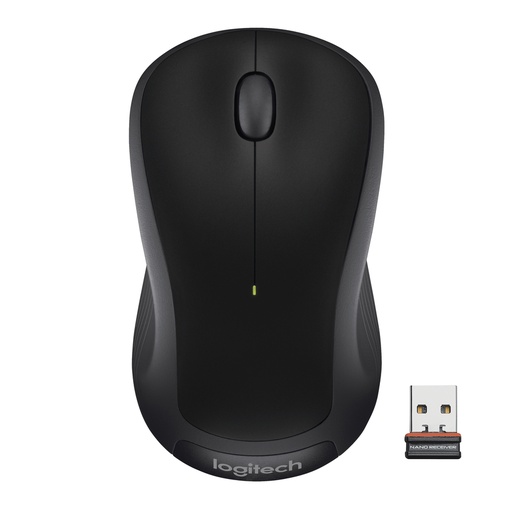 A black ergonomic wireless computer mouse with a green indicator light is displayed alongside its small USB nano receiver, all against a white background.