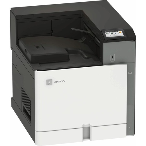 A large, two-tone office printer/copier, primarily white and dark gray, stands ready for use. It features a top output tray and a digital control panel on its upper right side.