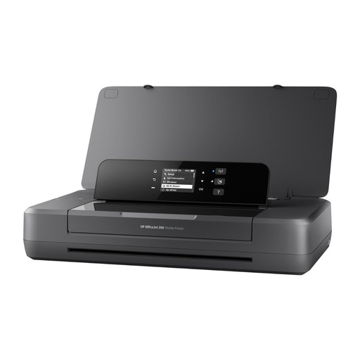 A dark gray mobile printer is open, revealing an angled control panel with a screen displaying menu options, set against a white background.