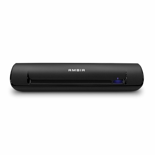 A sleek, black, rectangular document scanner with rounded ends is presented horizontally, featuring a blue indicator light on its right side, against a white background.