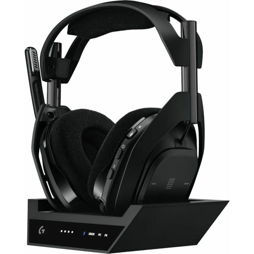 A black gaming headset with a microphone is resting on its matching charging base, presented against a plain white background.