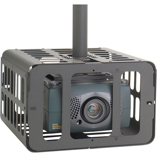 A gray projector is housed within a dark gray protective cage, suspended from a pole against a white background.