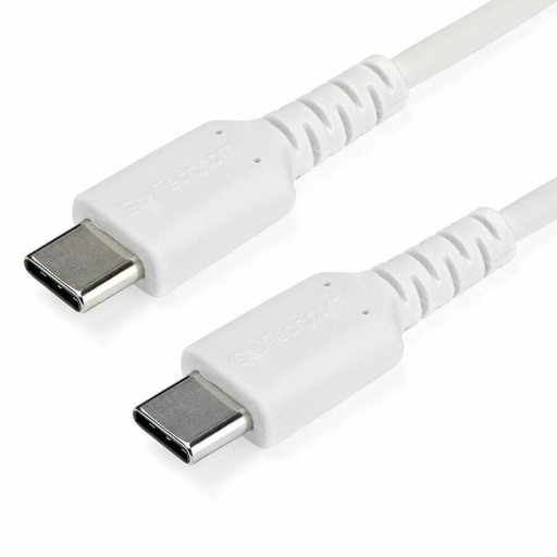 A white USB-C cable is angled on a white surface, showcasing both its identical silver-tipped connectors and ribbed strain relief sections.
