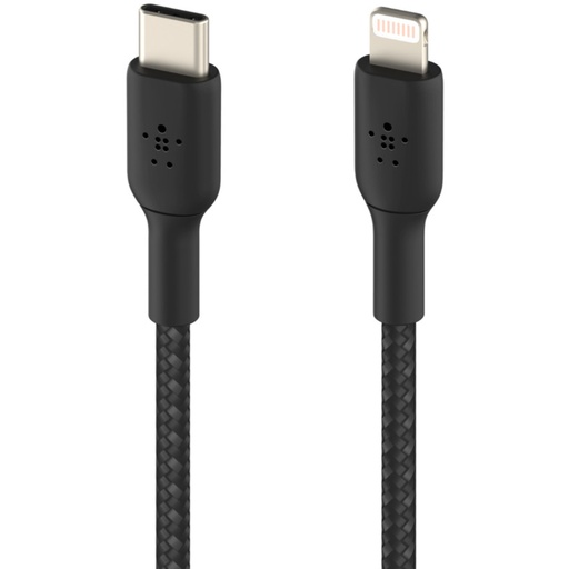 A black braided charging cable stands vertically, featuring a silver USB-C connector on the left and a silver Lightning connector on the right, against a plain white background.