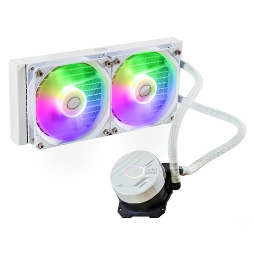 A white CPU liquid cooler features two fans with rainbow RGB lighting and a pump connected by braided white tubes, displayed on a white background.