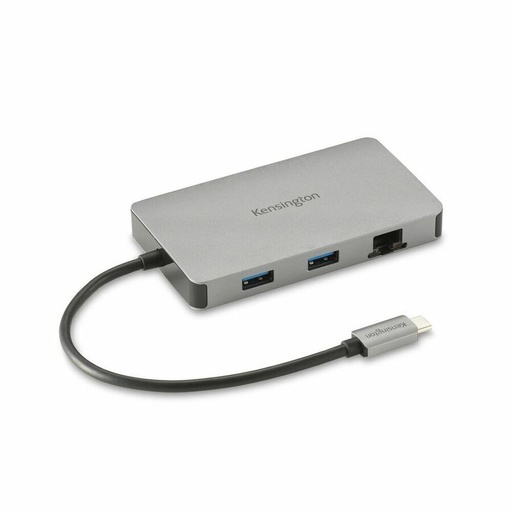 A silver rectangular USB hub features two USB-A ports and an Ethernet port, with an attached black cable ending in a silver USB-C connector, on a white background.