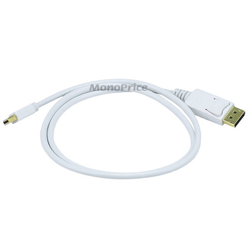 A white Mini DisplayPort to DisplayPort cable is loosely coiled, featuring gold-plated connectors on both ends, against a plain white background.