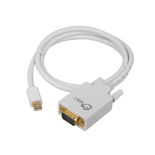 A white Mini DisplayPort to VGA adapter cable is coiled on a white background, featuring a gold-plated VGA connector and a small Mini DisplayPort connector.