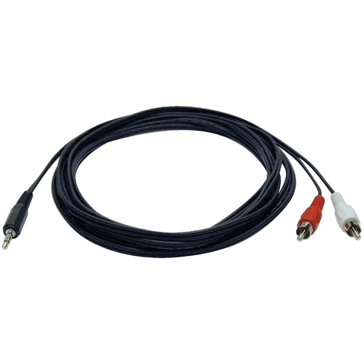 A black audio cable is coiled in a loose circle, featuring a 3.5mm jack on one end and red and white RCA connectors on the other, against a white background.