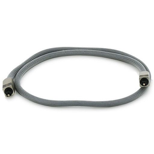 A gray braided audio cable is coiled into an oval shape, featuring silver-toned TOSLINK connectors at both ends, presented against a plain white background.