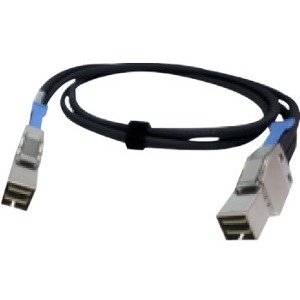 A black data cable with silver and blue connectors on each end, coiled and secured with a black strap, is presented against a white background.