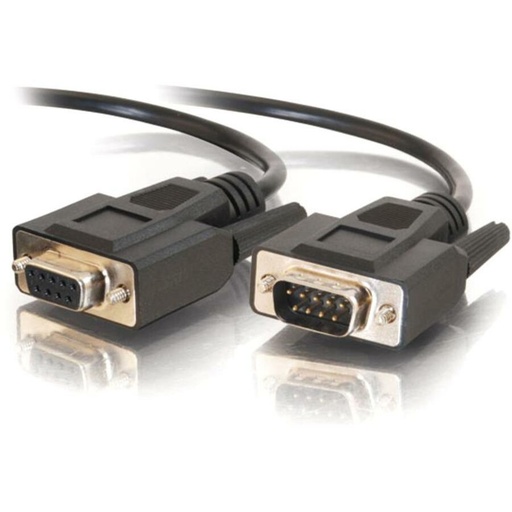 A black serial cable with a male 9-pin D-sub connector on one end and a female 9-pin D-sub connector on the other, resting on a reflective white surface.