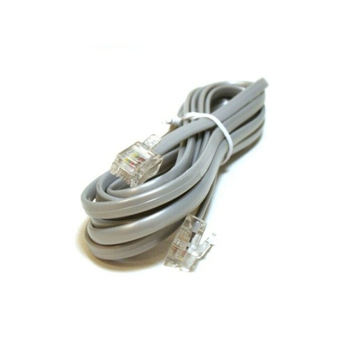 A gray telephone cable is coiled and secured with a white tie, featuring clear RJ11 connectors on both ends, presented on a plain white background.