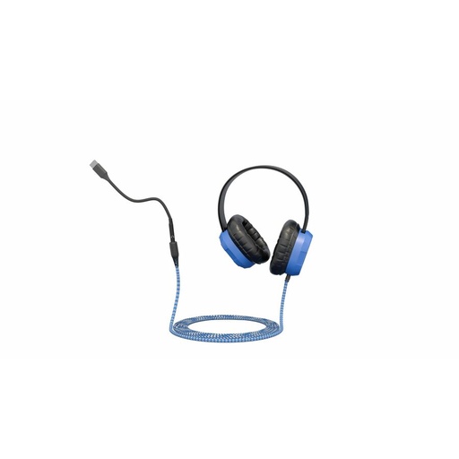Blue and black wired headphones with a braided blue and white cable coiled on a white surface, ending in a gray connector.