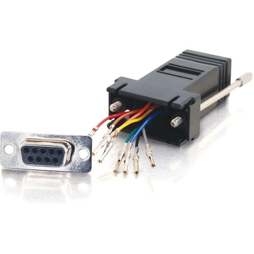 A D-sub 9-pin female connector and a black plastic housing are shown with multiple colored wires, each with a crimped pin, ready for assembly, on a reflective white surface.