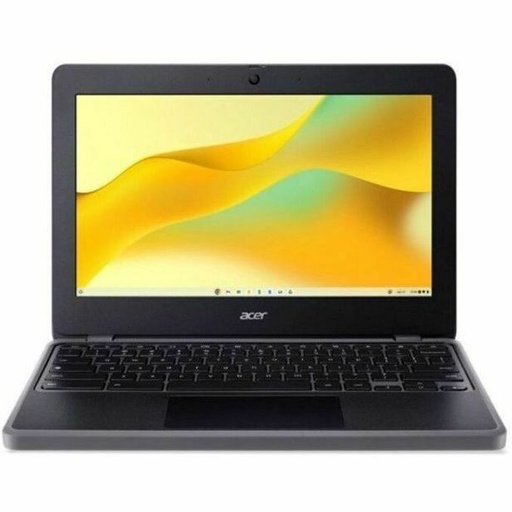 A dark gray laptop is open, displaying a yellow and green abstract wallpaper on its screen, presented against a plain white background.