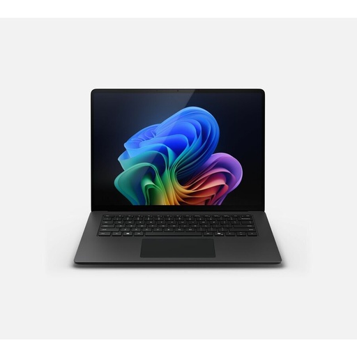 A dark gray laptop displays a colorful, abstract wallpaper on its screen, resting on a plain white surface.