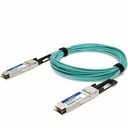 A teal fiber optic cable, coiled in the center, connects two silver transceiver modules at its ends, presented on a white background.
