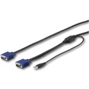 A black KVM cable features two blue VGA connectors and one USB-A connector, displayed diagonally on a white background.