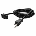 A black power cable is coiled, featuring a three-prong NEMA 5-15P plug on one end and a C13 connector on the other, against a white background.