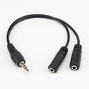 A black audio splitter cable features a single 3.5mm male jack splitting into two 3.5mm female jacks, lying on a plain white background.