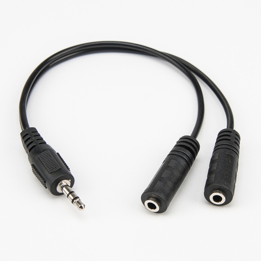 A black audio splitter cable features a single 3.5mm male jack splitting into two 3.5mm female jacks, lying on a plain white background.