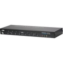 A black rectangular KVM switch is angled, displaying its front panel with eight selection buttons, indicator lights, and several audio and USB ports.