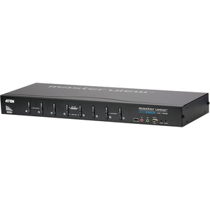 A black rectangular KVM switch is angled, displaying its front panel with eight selection buttons, indicator lights, and several audio and USB ports.