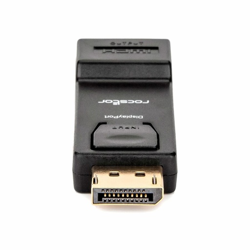 A black DisplayPort to HDMI adapter is angled, showing its gold-plated DisplayPort input and a recessed HDMI output on a plain white background.