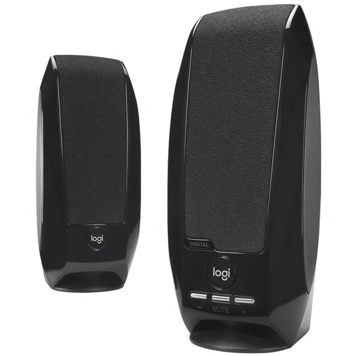 Two black, sleek computer speakers stand upright, featuring fabric grilles and front-facing volume and mute controls on the larger unit, against a plain white background.