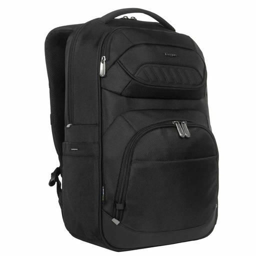 A black textured backpack stands upright, angled to the right, displaying multiple zippered compartments and padded straps against a plain white background.