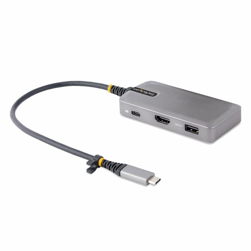 A gray rectangular multi-port adapter with a short attached cable ending in a USB-C connector, featuring USB-C, HDMI, and USB-A ports, rests on a white background.