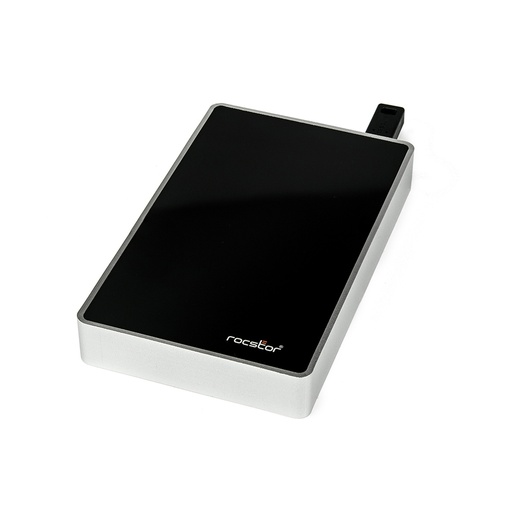 A rectangular silver and black external drive enclosure is angled on a white background, with a black USB-A connector extending from its top edge.