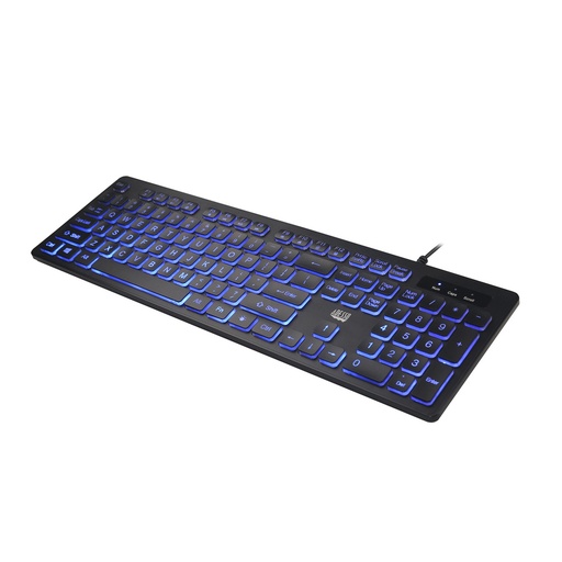 A black computer keyboard with blue backlit keys is angled on a white background, showing its full layout and a connecting cable.