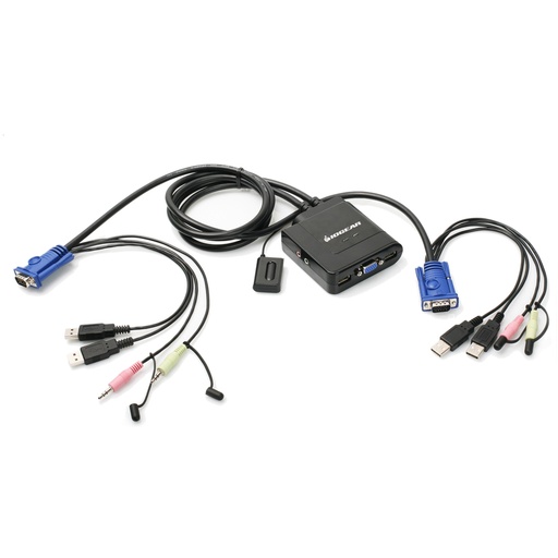 A black KVM switch is shown with its attached VGA, USB, and audio cables fanned out, ready for connection, on a white background.
