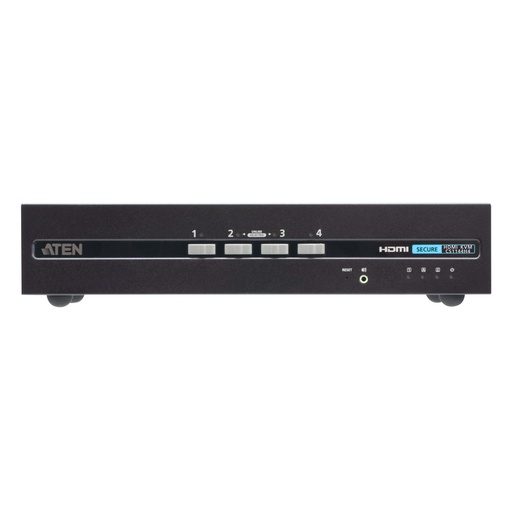 A black KVM switch displays four input selection buttons, a reset button, and several indicator lights and ports on its front panel. It stands on a plain white background.