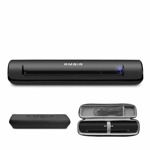 A black portable scanner with a blue indicator light is shown alone, then next to its closed carrying case, and finally nestled inside its open, gray-lined case, all on a white background.