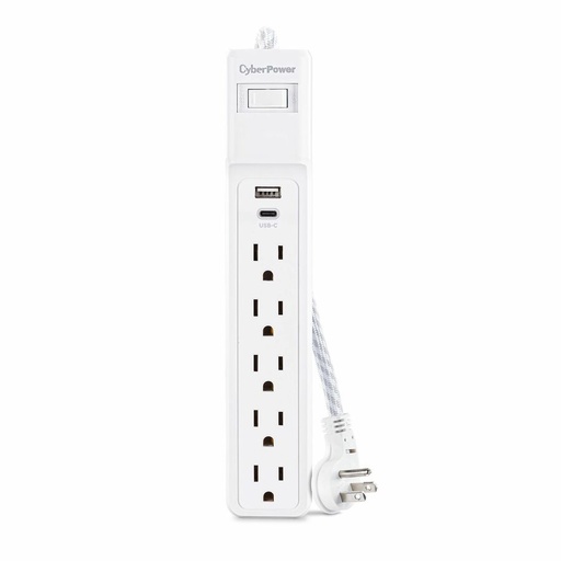 A white power strip stands vertically, featuring six AC outlets, USB-A and USB-C ports, and a power switch. A braided cord with a flat plug extends from its base.