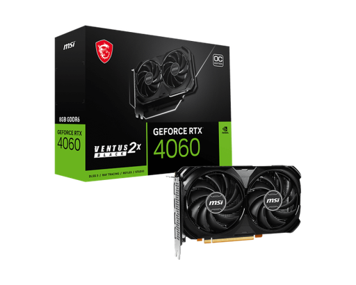 A black dual-fan graphics card is presented alongside its black and green retail box against a white background.