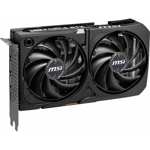 A black graphics card with two large cooling fans and a metal bracket featuring various ports is angled on a white background.