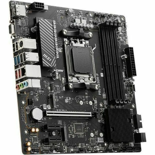 A black computer motherboard is angled, revealing its CPU socket, RAM slots, various ports, and heat sinks against a plain white background.