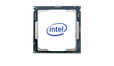 A computer processor with a dark green circuit board base and a white square top, featuring a blue logo, is centered on a plain white background.