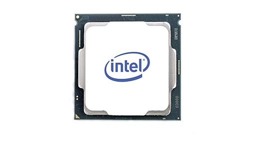 A computer processor with a dark green circuit board base and a white square top, featuring a blue logo, is centered on a plain white background.