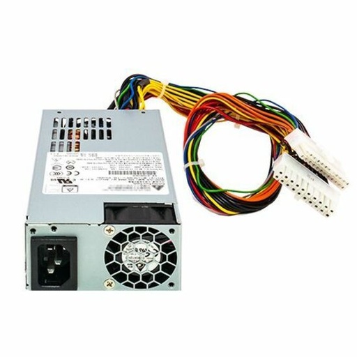 A silver computer power supply unit with a fan and power inlet has a bundle of colorful wires extending from it, ending in white connectors, on a white background.