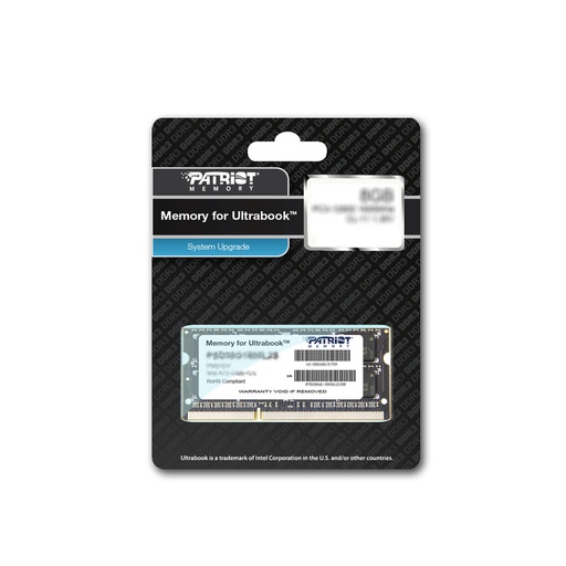 A computer memory module is sealed in clear plastic retail packaging with a black and gray design, featuring a cutout for hanging, against a white background.