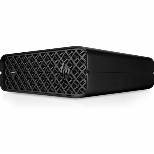 A black rectangular electronic device features a textured, perforated front panel with a subtle logo, presented on a white background.