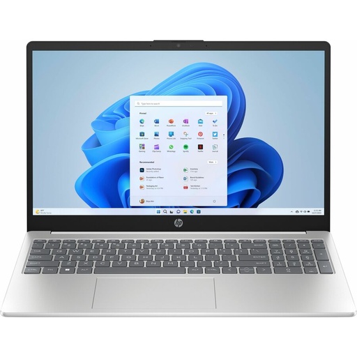 A silver laptop displays a blue abstract wallpaper with a centered application menu, viewed from a slightly elevated, front-facing angle against a white background.